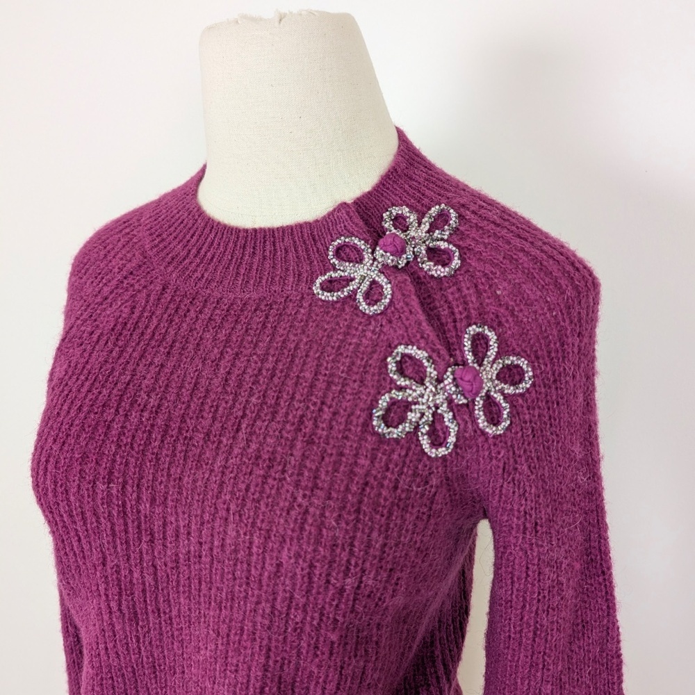 J. Crew Pink Knit Crew Neck Ribbed Long Sleeve Asymmetrical Beaded Shoulder - Picture 6 of 11